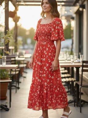 Old Navy Red Floral Smocked Maxi Dress with Flutter Sleeves